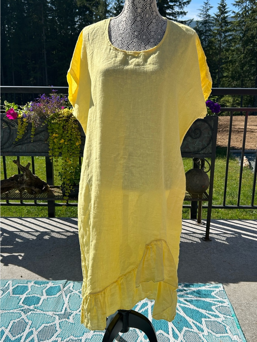 Bright Yellow Linen Ruffle Hem Tunic Dress